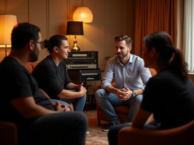 The Estúdio Harmonia team collaborating with an artist in the studio lounge, discussing a project.