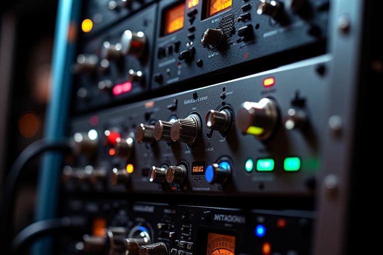Close-up of a rack of premium outboard audio processing gear at Estúdio Harmonia.