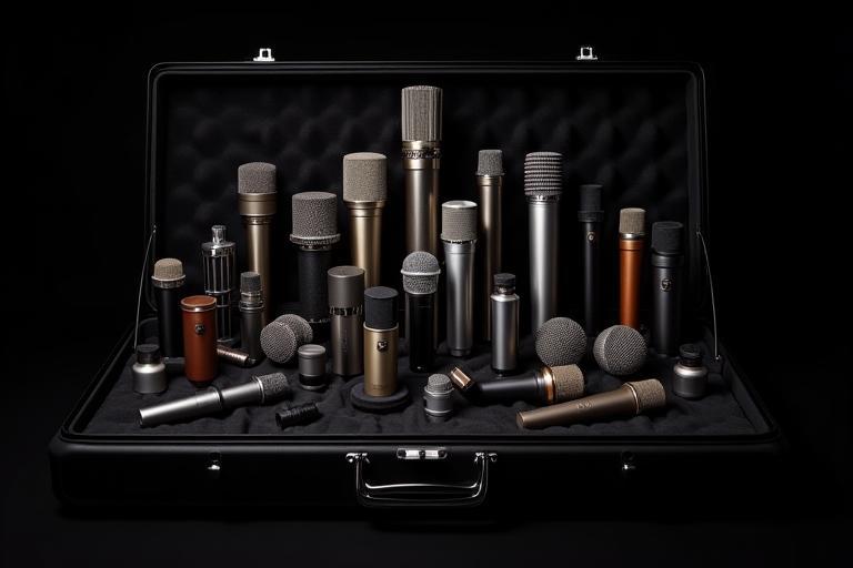 A diverse collection of high-quality studio microphones displayed in a locker at Estúdio Harmonia.